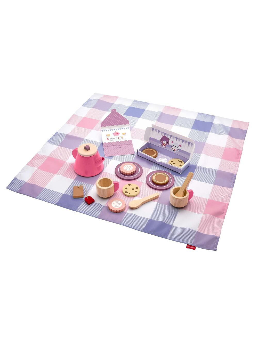 Fisher-Price Wooden Picnic Tea Set Blanket Wood Cups & Saucers 18 Pieces NWT